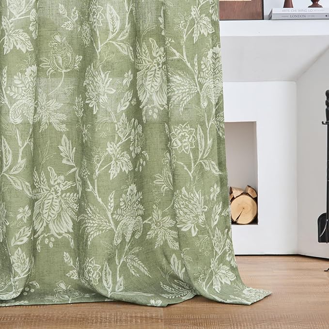 jinchan Linen Floral Curtains for Living Room with Printed Flower 84 Inches Long Light Filtering French Country Back Tab Rod Pocket Sage Green Window Curtain Set Farmhouse Drapes 2 Panels - Image 9