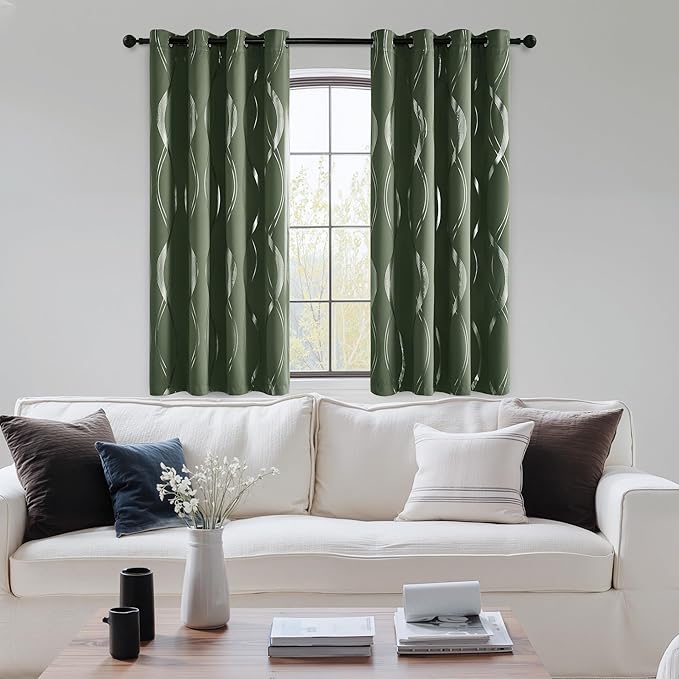 NICETOWN 100% Blackout Curtains 63 inch Length 2 Panels, Dark Mallard, 52" x 63", Noise Reducing Thermal Insulated Wave Line Foil Print Design Blackout Curtains for Hall Closet Villa Door - Image 3