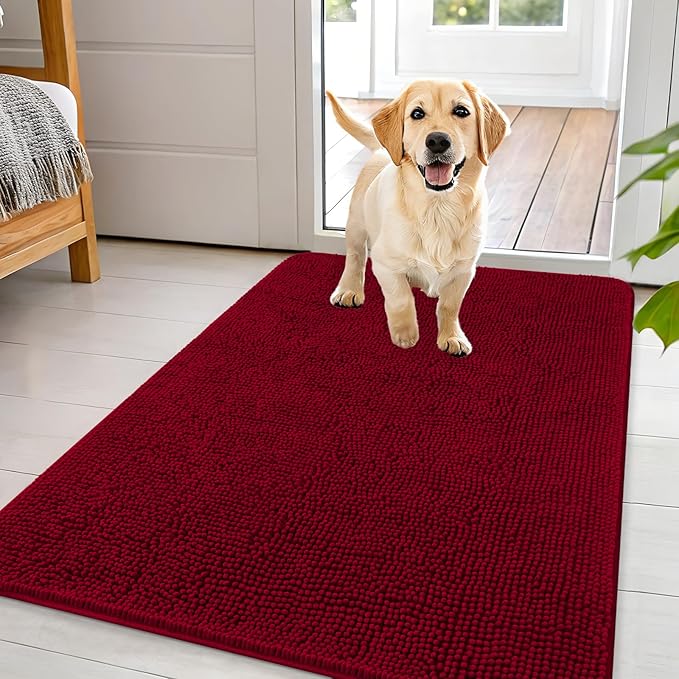 OLANLY Dog Door Mat for Muddy Paws 44x32, Absorbs Moisture and Dirt, Absorbent Non-Slip Washable Doormat, Quick Dry Chenille Mud Mat for Dogs, Entry Indoor Entryway Carpet for Inside Floor, Red by OLANLY
