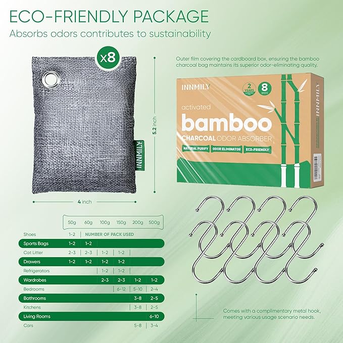 Activated Charcoal Odor Absorber, 8 Pack w Hooks Nature Odor Eliminator for Strong Odor, Bamboo Charcoal Air Purifying Bags, Moisture Absorbers for Fresh Home Car Closet Pet, Smoke Smell Deodorizer - Image 9