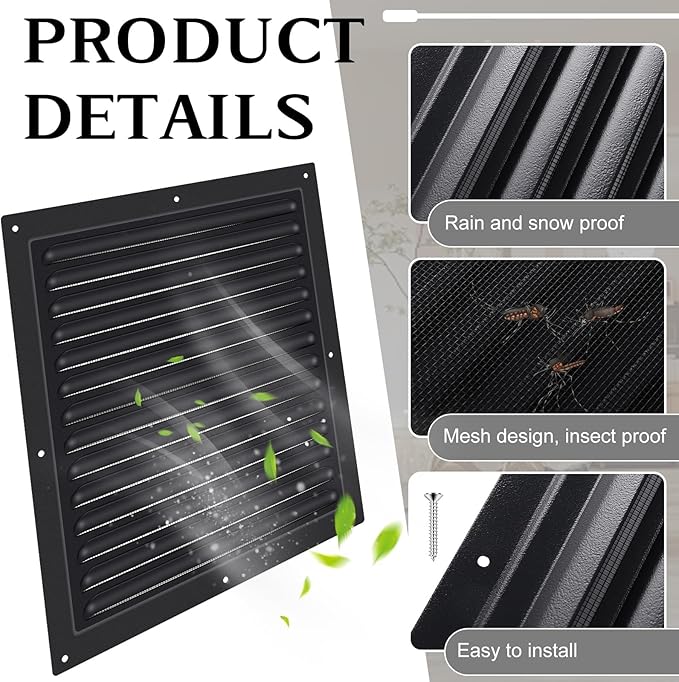 2 Pcs 12" x 12" Gable Vent Shed Attic Vent with Screen Mesh Square Metal Vent Covers Vent Grille for Exterior Door House Attic Garage Ceiling, Boost Ventilation and Guard Against Moisture (Black) - Image 4