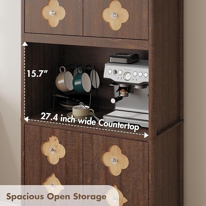 Garvee 72" Tall Pantry Cabinet, Kitchen Hutch Storage Cabinet with Countertop for Microwave, Freestanding Wooden Cupboard with Carved Door & Crystal Handle, for Dining Room, Living Room, Reddish Brown - Image 5
