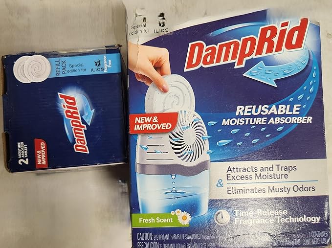 DampRid Drop Starter Kit with 1 Fresh Scent Moisture Absorbing Tab Odor Eliminator for Fresher, Cleaner Air, 15 Ounces. + 1 Free Fragrance Free Refill Pack(2 Tabs). Ilios Packaging. - Image 3