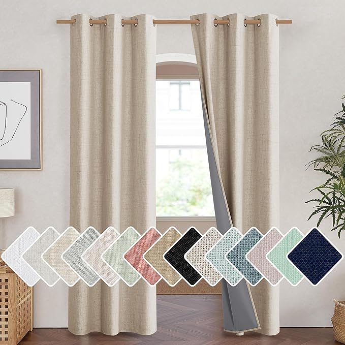 NICETOWN Cream Full Blackout Boho-Chic Linen Curtains 84 inch Long 2 Panels Set for Cafe Window, 42 inch Wide, Thick Linen Blend Drapes, Insulated Window Covers Draperies with White Backing by NICETOWN