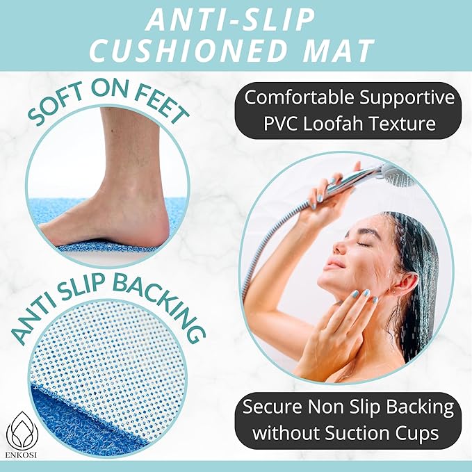 ENKOSI Loofah Non-Slip Shower and Bath Mat - Soft Cushioned Comfort - No Suction Cups for Smooth or Textured Tubs - Fast Draining - Safety for Bathroom, Family, Kids, and Elderly (24x16 Aqua Blue) - Image 2