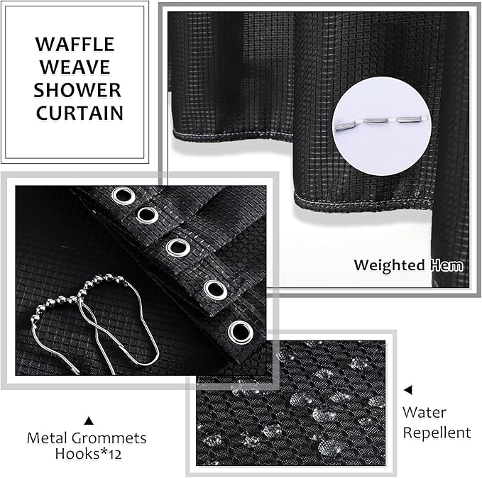 Resin Black Bathroom Sets, Black Bathroom Accessories Set with Shower Curtain, Bath Towel Set, Natural Loofah Sponge, Soap Dispenser, Toothbrush Holder, Bathroom Tumbler and Tray for Countertop - Image 4