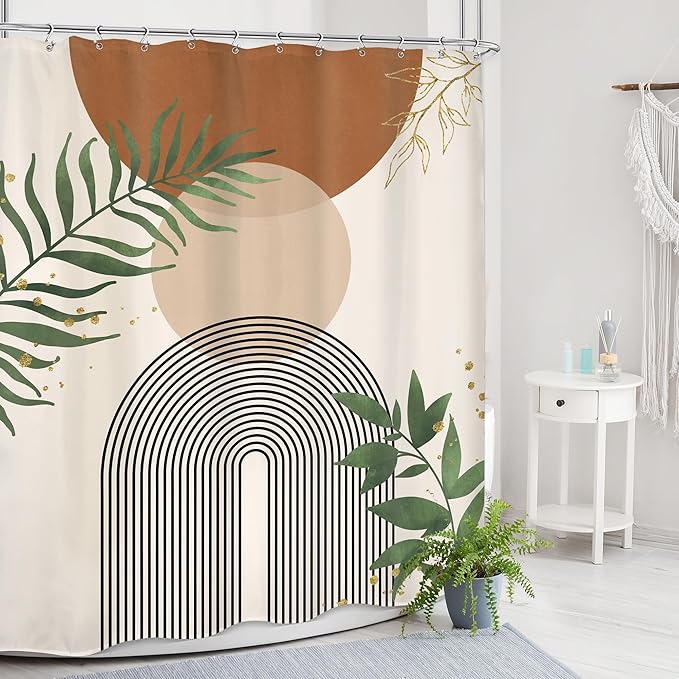 Brown Boho Mid Century Shower Curtain 60Wx72H Abstract Gold Leaves Plant Modern Sun Minimalist Geometric Arch Art Line Bathroom Decor Neutral Bath Curtain Fabric Polyester 12 Pack Hooks - Image 2