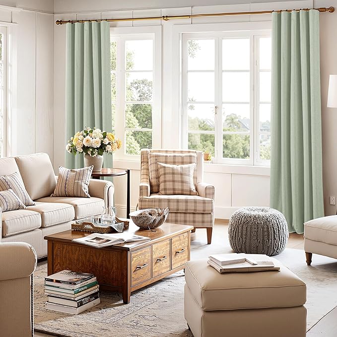RYB HOME 100% Blackout Sage Green Linen Curtains, Extra Long Light & Heat Blocking Thermal Privacy Protection Neutral Window Drapes for Living Room Bedroom, 52" W x 108" L, 2 Panels Set - Image 7