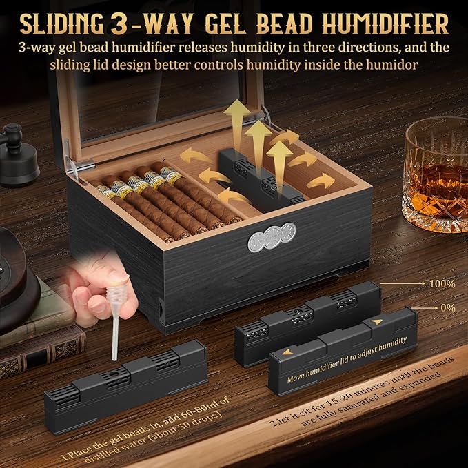 Cigar Humidor, Glass Top Desktop Humidor Box, Cigar Gifts for Men, Cedar Wood Cigars Case with Digital Hygrometer, Humidifier, Measuring Scale and Cigars Accessories Drawer - Image 6
