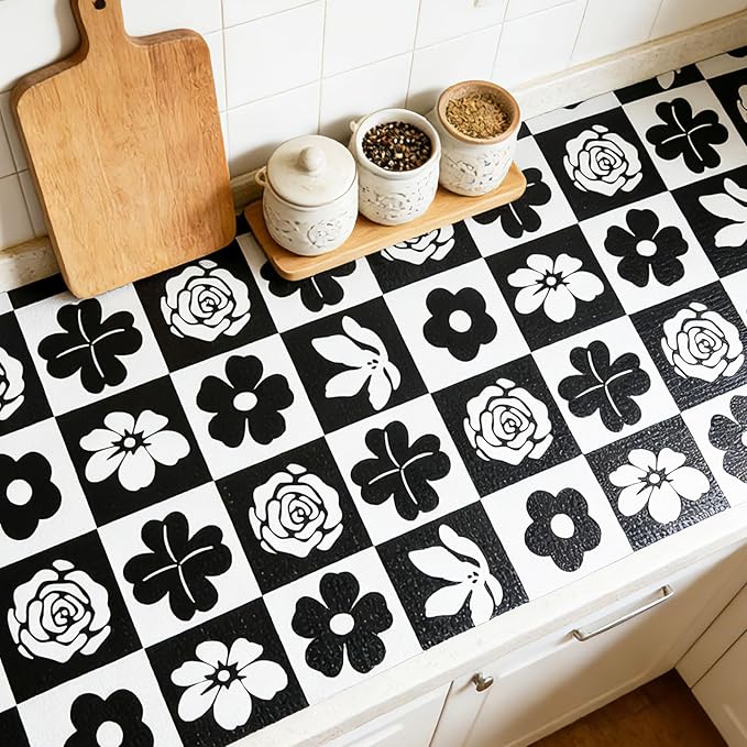 Shelf Liners Non Adhesive Black & White Checkerboard Floral - Thickened Non-Slip Easy to Clean Drawer Liner for Kitchen Cabinets, Tool Box, Refrigerator, with Knife & Tape Measure,17.3in x 354.3in - Image 4