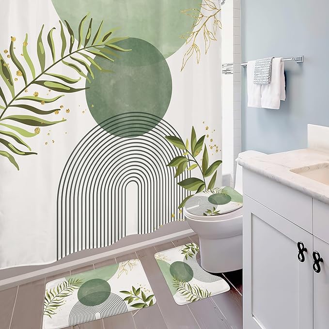 4 PCS Sage Green Boho 72Wx72H Shower Curtain Set Modern Leaves Mid Century Plant Bath Rug Toilet Lid Cover Nonslip U Shape Mat Quick Dry Rubber Backed Dirt Resistant Accessories Bathroom Decor - Image 3