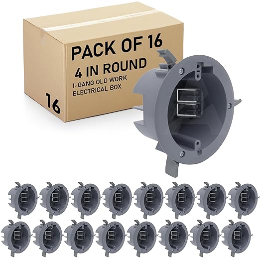 (Pack of 16) 4'' Old Work Round Electrical Box, One-Gang Grey PVC Junction Box, 18 Inch Capacity, Round Ceiling Remodel Box with Built-in Mounting Tabs, Three Mounting Wings, 2-Hour Fire Rated Walls by AirmontProducts