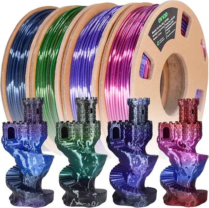 OVV3D Rainbow PLA Filament Bundle 3D Printer Filament, Silk PLA Filament 1.75mm, Silk Black Purple Green Blue and Red Purple Blue 3D Printing Filament, 200g X 4 Spools by OVV3D