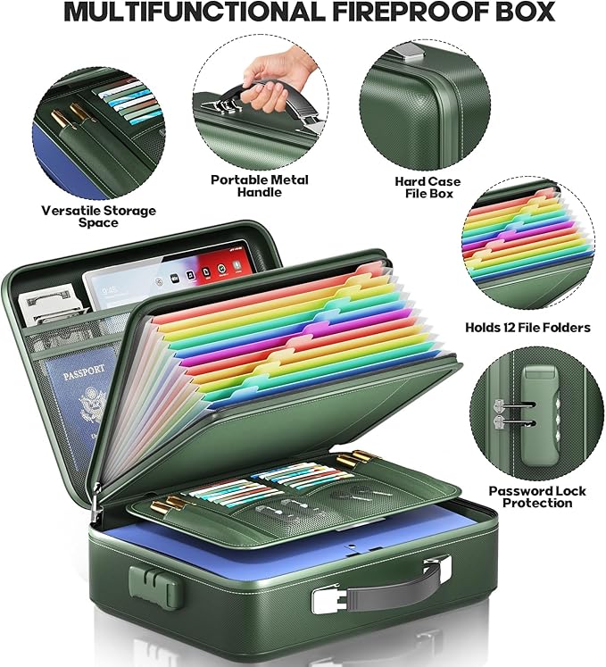 Fireproof Document Box, Hard Case Highly Flame-Resistant Fire Proof Waterproof File Organizer with Lock, Portable Fire Safe for Important Documents & Valuables Storage (Green, ‎15"*11"*5") - Image 5