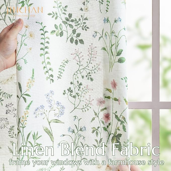 jinchan Floral Linen Blend Curtains for Living Room 63 Inch Length French Country Farmhouse Printed Curtains Sage Green on White Rod Pocket Back Tab Light Filtering Window Drapes 2 Panels - Image 3