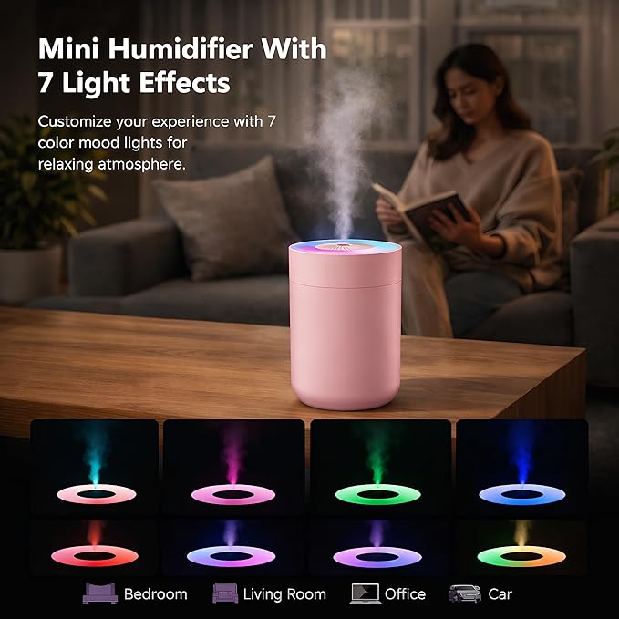 230ML Humidifier for Bedroom, Air Humidifier for Home, Plant Humidifiers Indoor Small with LED Colorful Gradient Light, USB Powered for Desk, Car, Travel, Hotel Room (Pink) - Image 3