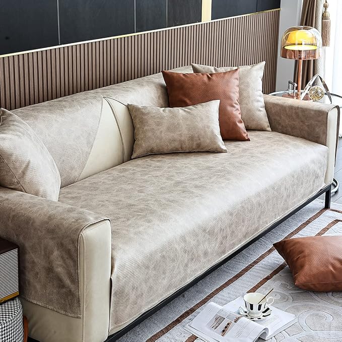 Faux Leather Waterproof Couch Sofa Cover Vintage PU Sectional Couch Cover Non Slip Sofa Slipcover Furniture Protector for Kids Dogs Cats (Cream,28"x82") by WelcometoXSlive