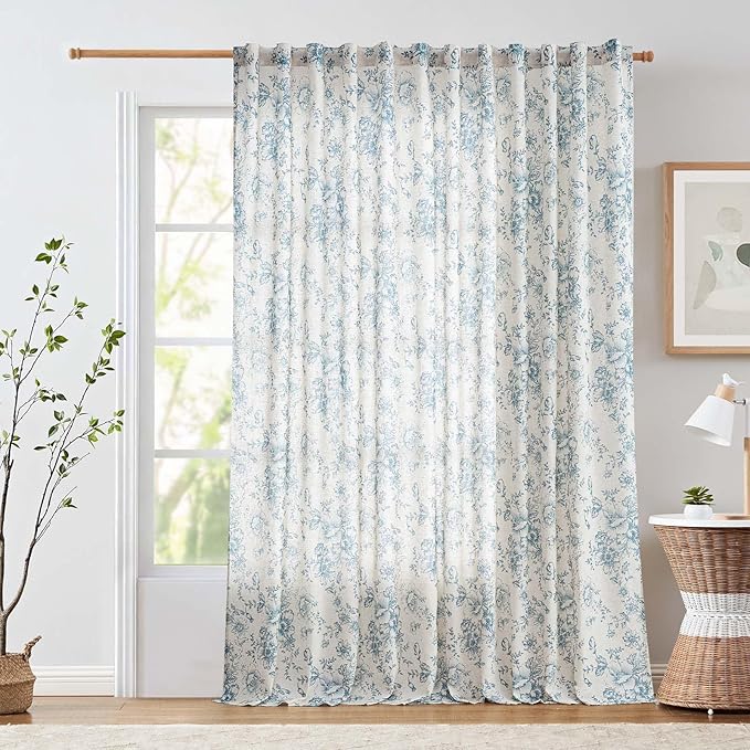 jinchan Linen Floral Curtains 100 Inch Extra Wide for Patio Sliding Glass Door Room Divider Curtain for Living Room 96 Inch Length Farmhouse Peony Blue Printed Curtain Set 1 Panel by JINCHAN