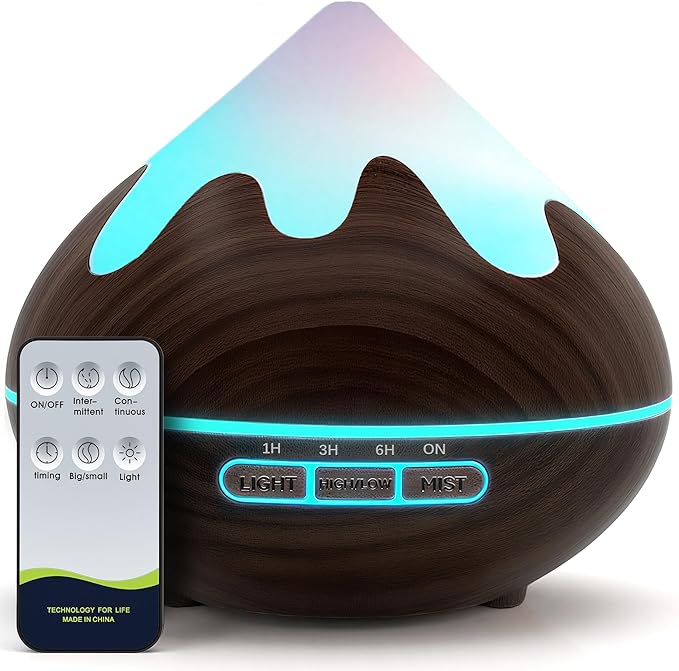 500ML Essential Oil Diffuser, Aromatherapy Diffuser with Remote Control, Multifunctional Air Diffusers for Home Office Room, Fragrance Aroma Diffuser with 7 Color LED & 2 Mist Mode, Dark Brown by Unknown