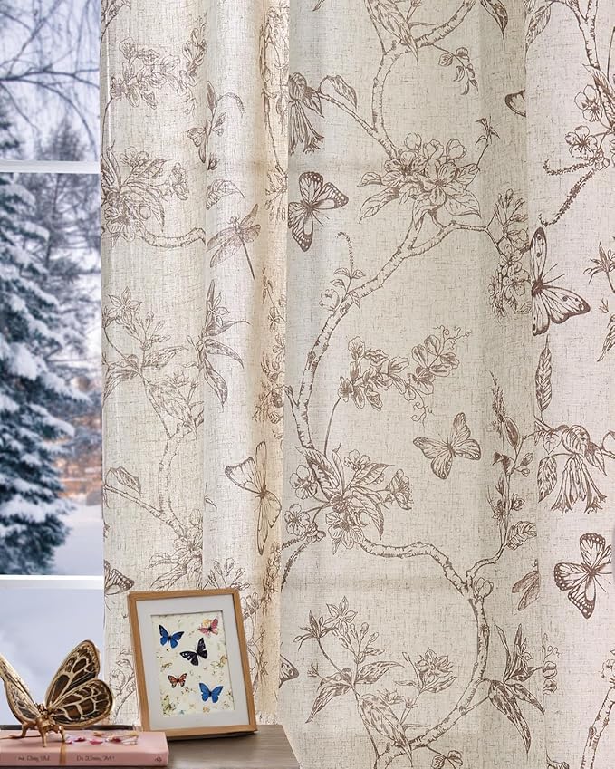 jinchan Floral Linen Curtains for Living Room 96 Inch Length Butterfly Curtain Taupe Floral Curtains French Country Farmhouse Curtain Flower Patterned Drapes Window Treatment Set 2 Panels - Image 2