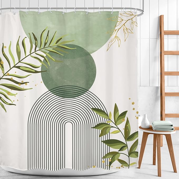 Sage Green Boho Shower Curtain 60Wx72H Modern Bohemian Abstract Leaves Olive Dark Green Mid Century Plant Bathroom Decor Minimalist Geometric Arch Bath Curtain Fabric Polyester 12 Pack Hooks - Image 2