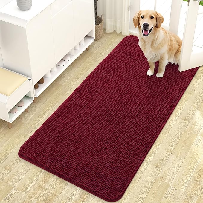 OLANLY Dog Door Mat for Muddy Paws 47x24, Absorbs Moisture and Dirt, Absorbent Non-Slip Washable Doormat, Quick Dry Chenille Mud Mat for Dogs, Entry Indoor Entryway Carpet for Inside Floor, Burgundy by OLANLY
