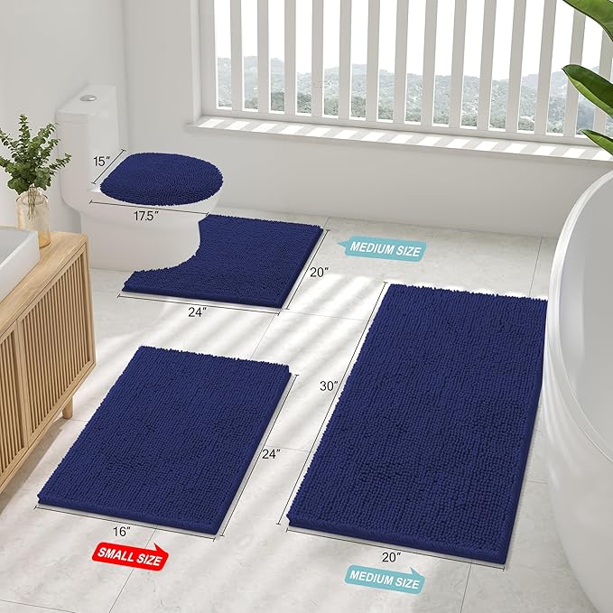 Smiry Luxury Chenille Bathroom Rugs 24x16, Extra Soft and Absorbent Shaggy Bath Mat, Machine Washable, Non-Slip Plush Carpet Runner for Tub, Shower, and Floor, Home Decor Accessories, Deep Blue - Image 2