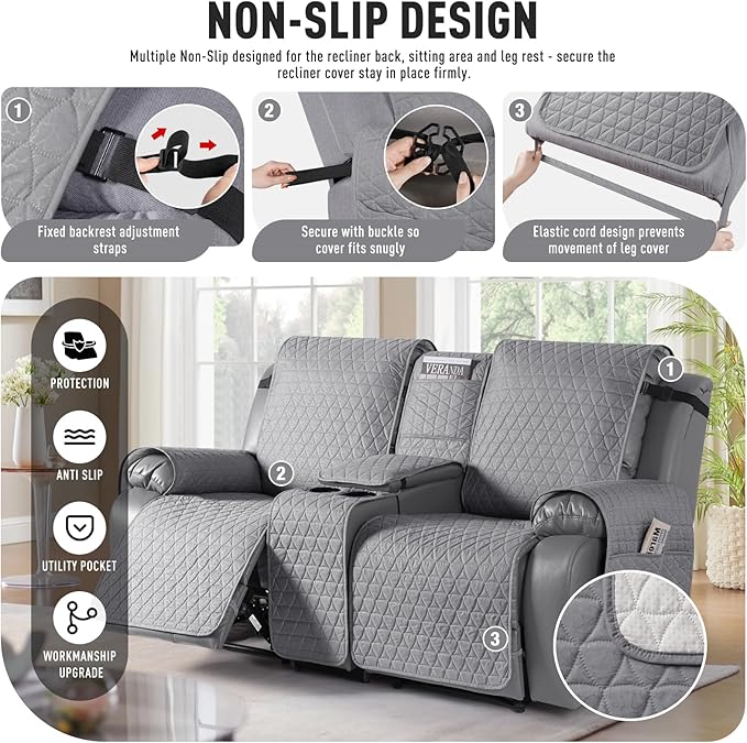 TAOCOCO 100% Waterproof Loveseat Recliner Couch Sofa Covers with Console,Double Reclining Couch Cover Non-Slip Sofa Slipcovers Washable,Furniture Protector Covers for Kids,Pets(2 Seater,Light Gray) - Image 5