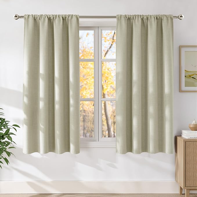 NICETOWN Beige Faux Linen Room Darkening Rod Pocket Curtains 63 inch Length, W42 x L63, Light Blocking Thermal Insulated Noise Reducing Drapes for Bedroom Living Room Farmhouse Decor, 2 Panels by NICETOWN