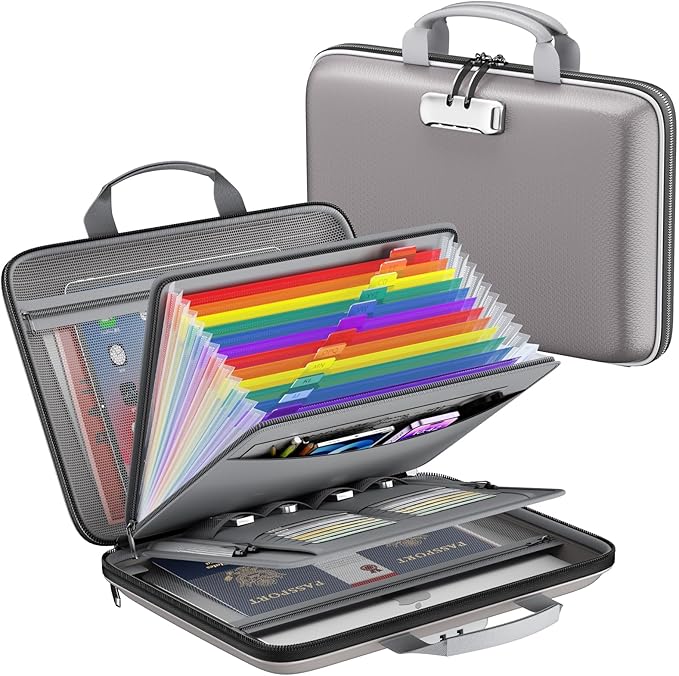 Fireproof File Organizer,Fireproof Document Box with Lock,Large 13 Pocket Expanding File Folder,Hard-Shell Portable Safe Storage for Letter/Legal Document,Laptop,Valuables-Light Gray by ZOOPIP