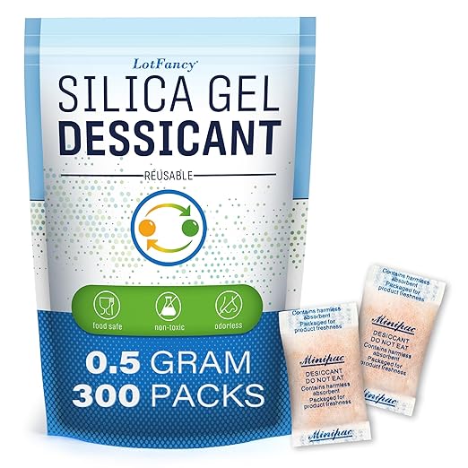 LotFancy Silica Gel Packets, 300 Packs 0.5 Gram, Indicating Desiccant Dehumidifier Packets, Moisture Absorber Bags for Spices Jewelry Shoes by LotFancy
