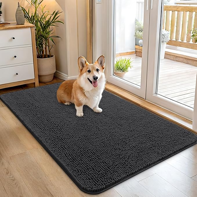 OLANLY Dog Door Mat for Muddy Paws 45x27, Absorbs Moisture and Dirt, Absorbent Non-Slip Washable Doormat, Quick Dry Chenille Mud Mat for Dogs, Entry Indoor Entryway Carpet for Inside Floor, Dark Grey by OLANLY