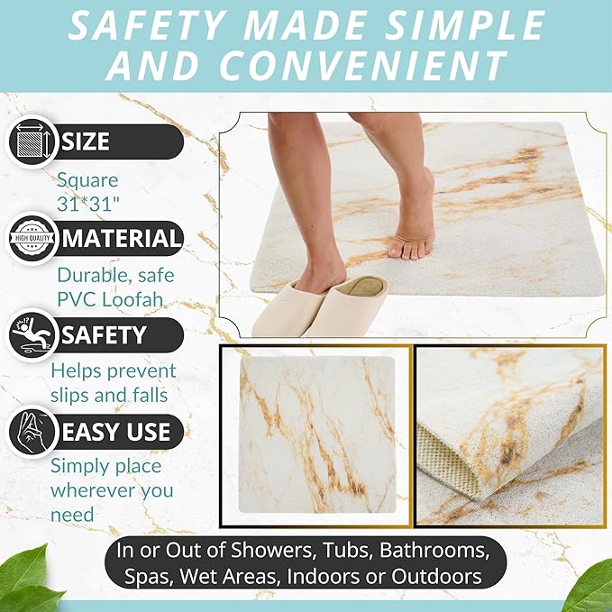 Square Shower Mat - Non Slip Shower Mats for Inside Shower - Extra Large 31x31 Shower Floor Mat Non Slip - Square Bath Mat for Shower - Secure Anti Slip Loofah Shower Bath Mat (31x31 Marble Gold) - Image 3