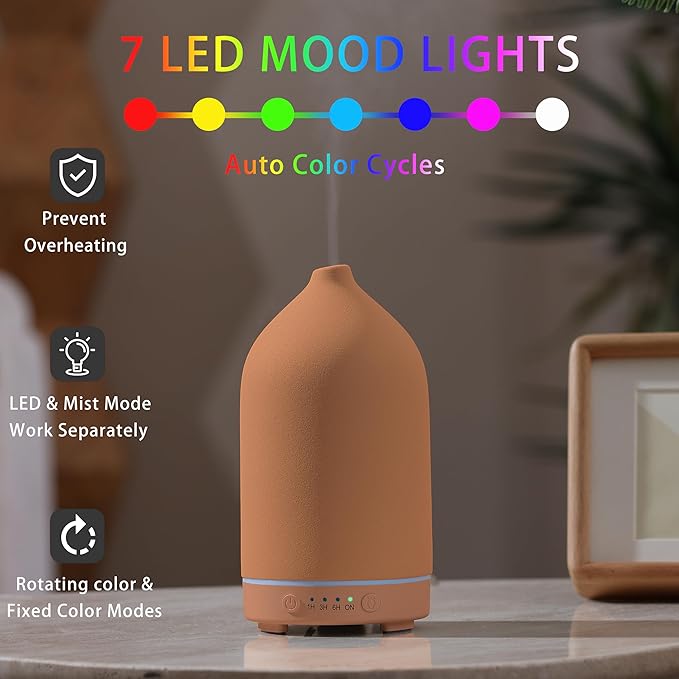 200ML Ceramic Essential Oil Diffuser - Ultrasonic Aromatherapy & Humidifier with 7-Color LED Lights, Auto Shut-Off, Brown, 1H/3H/6H Timer | Scent for Home,Office,Yoga - Image 6