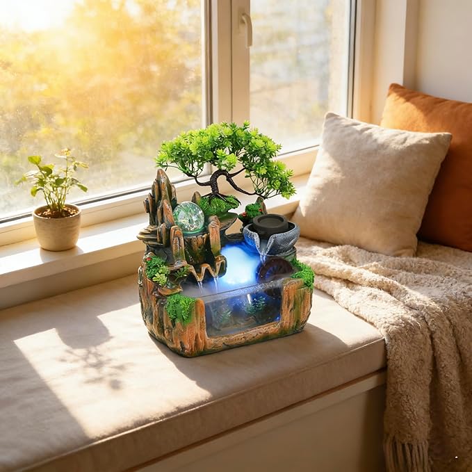 10Inch Bonsai Tree Rock ​Water Fountains Indoor Tabletop Waterfall Humidifier with LED Light and Atomizer Mist, Desktop Decoration Fake Plants Mini Fish Tank Feng Shui Decor Festival Birthday surprise - Image 4