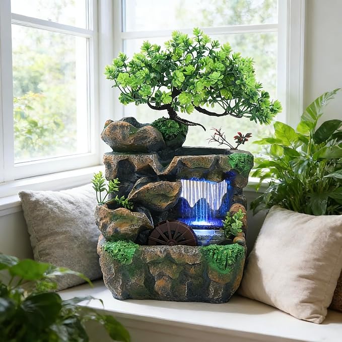 11.81" Tabletop Rockery Fountain Indoor Waterfall Bonsai Desktop Mini Rockery Water Fountain with Automatic Pump and LED Light, Home Office Bedroom Humidifier Desk Decorate - Image 8