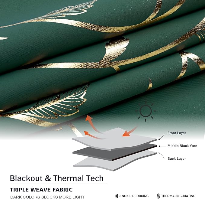 BUHUA Gold Blackout Curtains 84 Inches Length for Christmas, Thermal Curtain for Bedroom 2 Panels Set, Room Darkening Curtains with Wave Vine (52W×84L Emerald Green) - Image 5