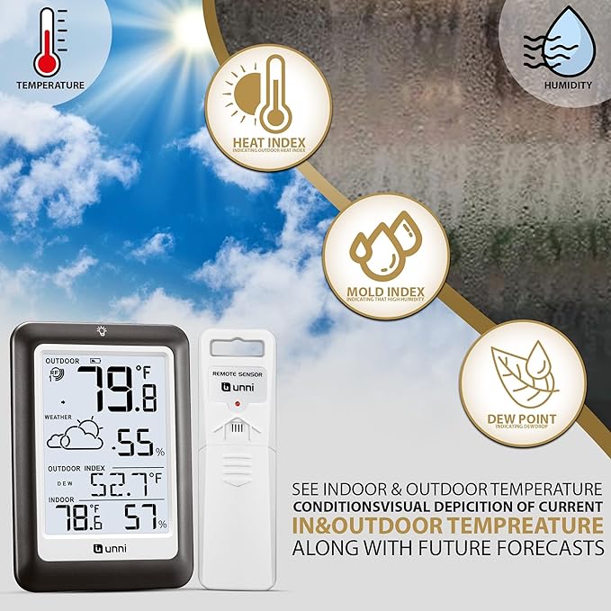 Indoor Outdoor Thermometer Wireless Weather Station, Temperature Humidity Monitor Battery Powered Inside Outside Thermometers with 330ft Range Remote Sensor and Backlight Display（Metal Black） - Image 3