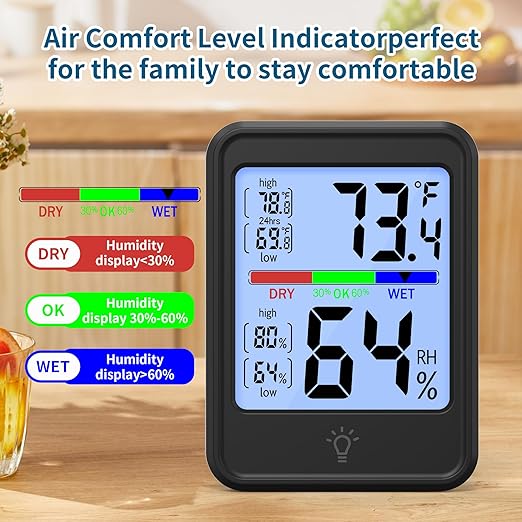 Digital Thermometer Hygrometer, Indoor Wall Thermometer, Indoor Humidity Temperature Monitor with Max&Min Records Backlit for 10S for Greenhouse, Home and Office Measuring Devices - Image 3