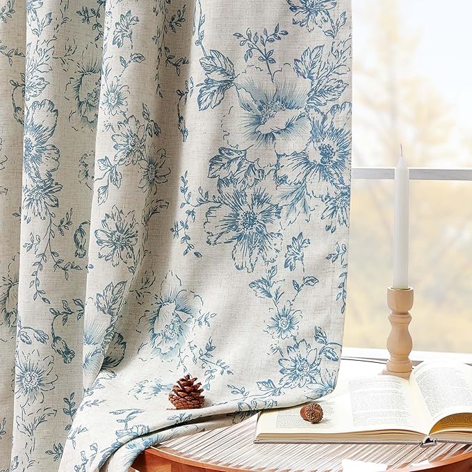jinchan Blackout Linen Blend Curtain Floral Blackout Curtains for Living Room 90 Inch Length Blue Printed with Lined Blackout Curtain for Bedroom Farmhouse Curtains Set 2 Panels - Image 3