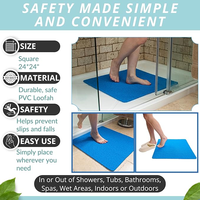 Enkosi Loofah Shower Mat Non-Slip - Anti-Slip Bath Mat for Inside Showers, Tub, Bathtub, Bathroom - Quick Dry PVC with Drain Holes - Cushioned Safety Grip - Secure for Kids and Elderly (Blue 24x24) - Image 4