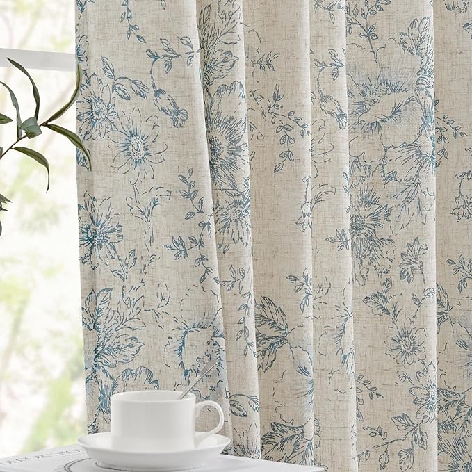 jinchan Lined Linen Blend Curtain Floral Curtains for Living Room 84 Inches Long Blue Peony Flower Printed Curtain Rod Pocket Back Tab Farmhouse Patterned Drapes Bedroom Window Curtains Set 2 Panels - Image 7