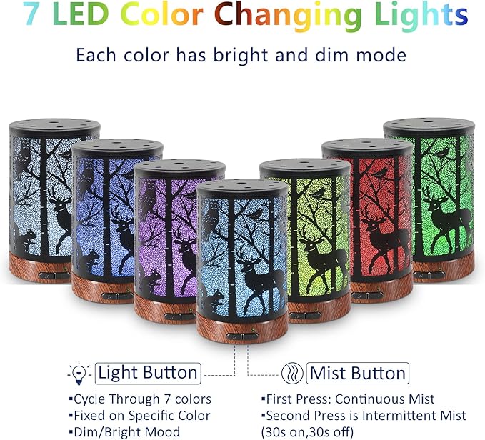 EQUSUPRO Essential Oil Diffuser 150ml Metal Aromatherapy Oil Diffuser Ultrasonic Cool Mist Diffuser with Auto Shut-Off Protection,7 Colors Changed LED for Home Office SPA Yoga (Deer) - Image 2