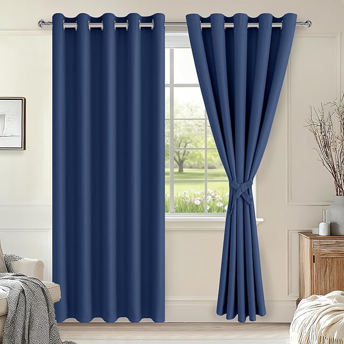 Hiasan Blackout Curtains for Bedroom, 60 x 84 Inches Long - Thermal Insulated & Energy Saving Window Curtains for Living Room, 2 Drape Panels Sewn with Tiebacks, Navy by Hiasan
