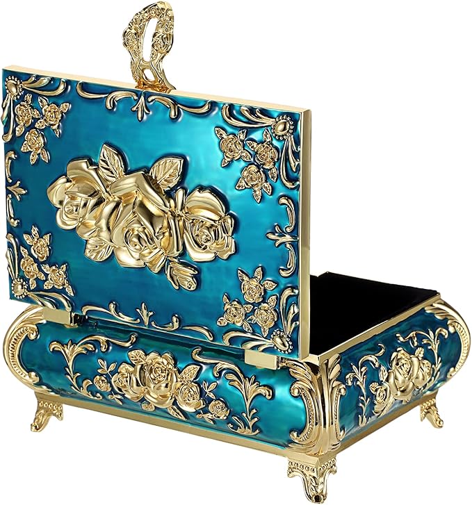 Hipiwe Metal Decorative Jewelry Box Vintage Treasure Chest Case Ornate Trinket Organizer Earrings Necklace Bracelet Storage Box Ring Holder Keepsake Box for Women - Image 7