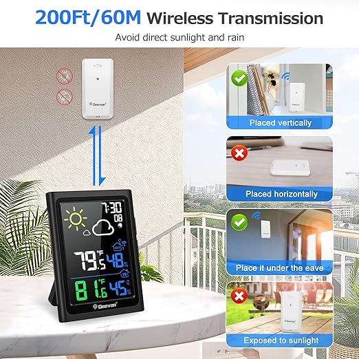 Geevon Indoor Outdoor Thermometer Wireless Weather Station with Color Display, Digital Hygrometer Temperature Humidity Monitor with Alarm Clock and Backlight - Image 7