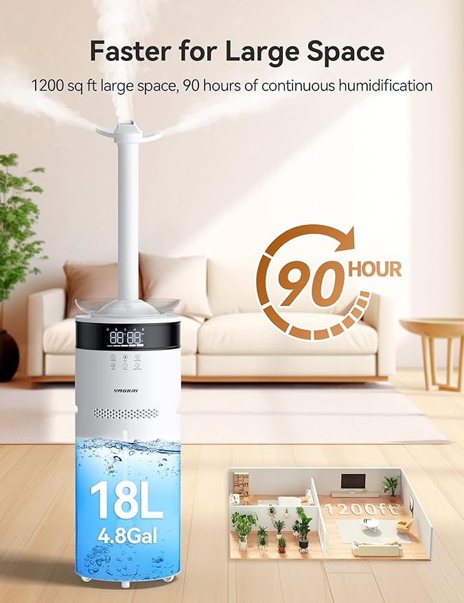 VAGKRI Humidifiers for Large Room, 18L Ultrasonic Cool Mist Humidifier for Home 2000 sq ft, 5 Mist Levels, Auto Mode, Whole House Humidifiers with 2 Extended Tube Quiet Humidifiers for Baby Home Plant - Image 2