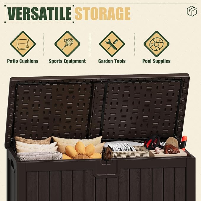 JUMMICO 250 Gallon Outdoor Resin Deck Box with Divider, Waterproof Storage Box with Lockable Lid&Side Handles for Garden Tools, Pools Supplies (Brown) - Image 3