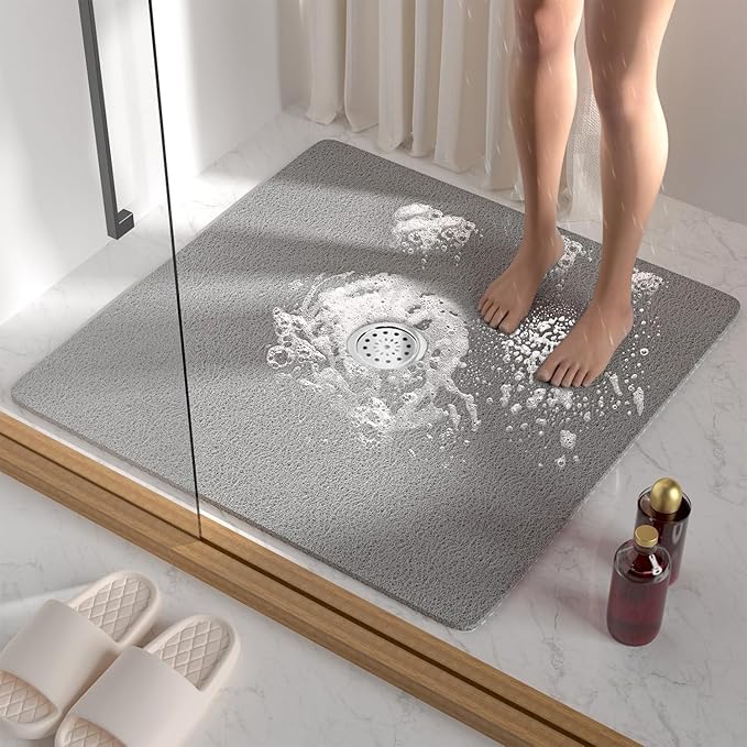 Square Shower Mat Set 2 Piece, Super Non Slip Shower Mats for Inside Shower, Soft PVC Loofah Bath Mat Without Suction Cups for Tub, Quick-Dry, Easy Clean Bathroom Accessories, (24"x16"+24"x24",Grey) by LYGLIGH