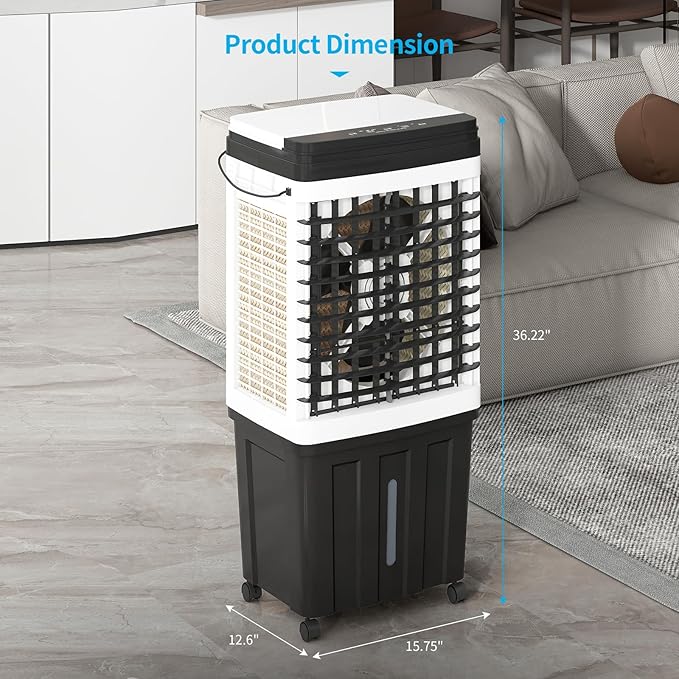 TABU 2953CFM Evaporative Air Cooler, 3-in-1 Portable Swamp Cooler with 9.3-Gal Water Tank, Cooling,Fan & Humidifier,120° Oscillation,3 Wind Speeds,7.5H-Timer,Remote Control,Ice Packs,Black - Image 7